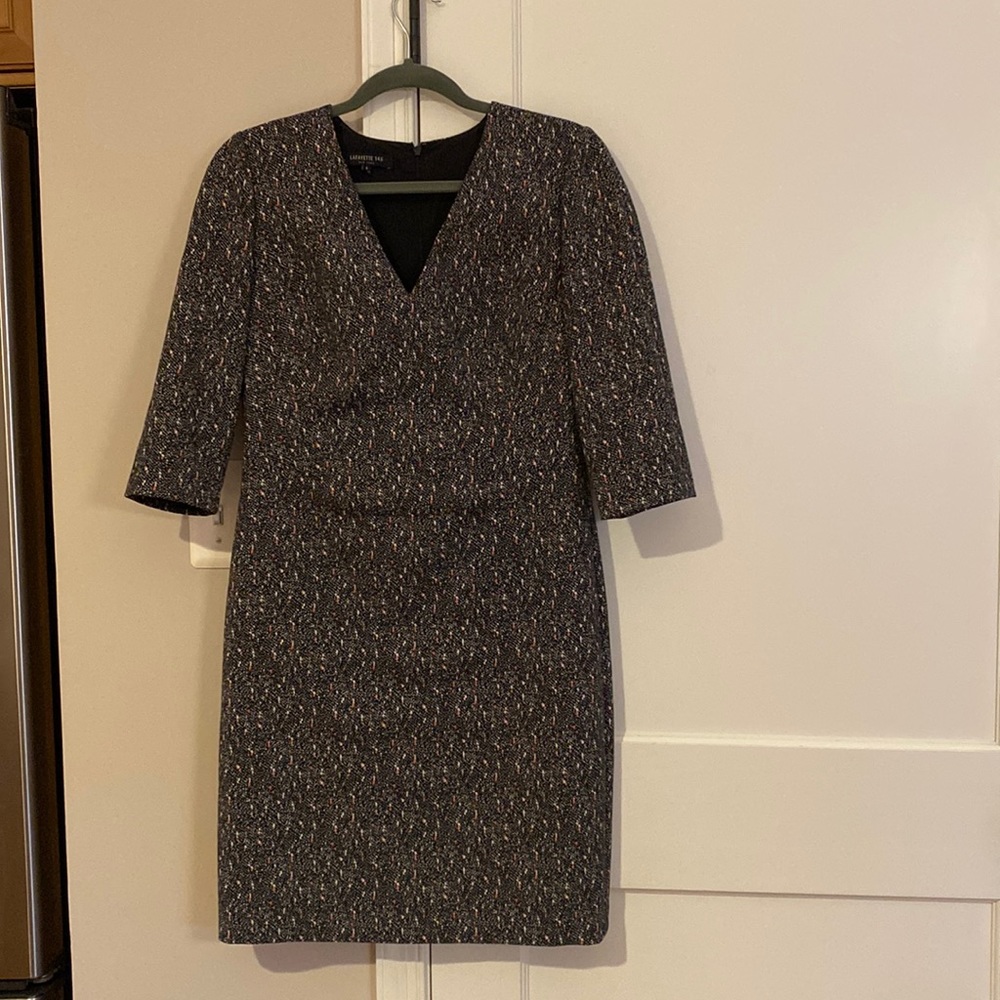 Lafayette 148 dress; black and white with a bit of pink